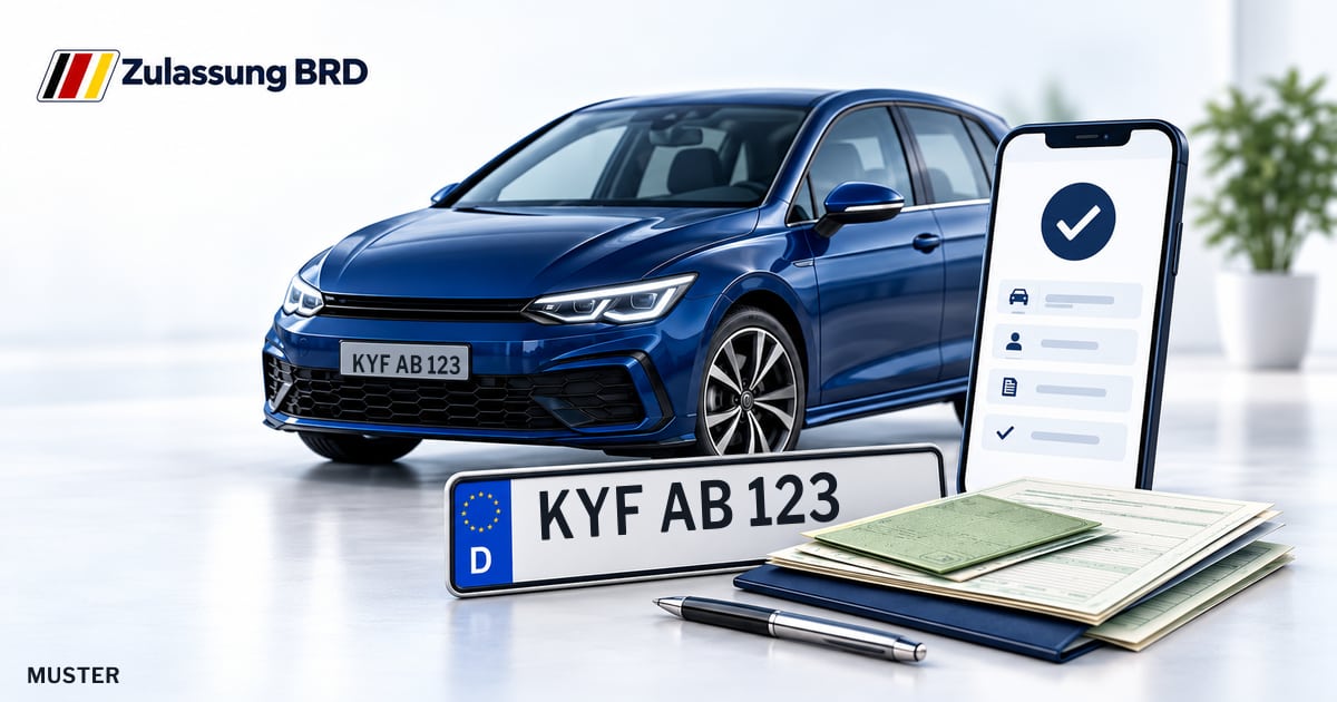 Online Fahrzeugzulassung in Kyffhäuserkreis: Musterkennzeichen KYF AB 123, Auto und Fahrzeugpapiere und Smartphone. Illustration mit Logo von Zulassung BRD.